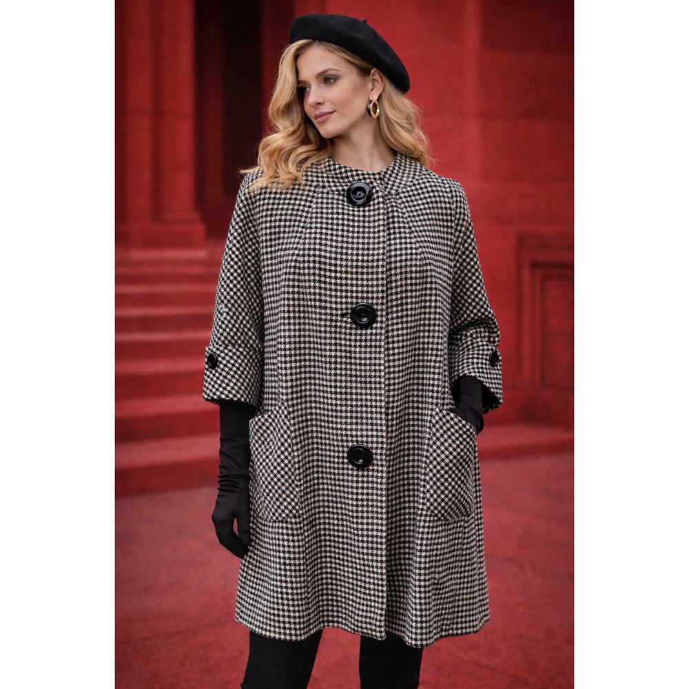 60s Vintage Black White Houndstooth Swing Coat Wool Blend, Mod - XL